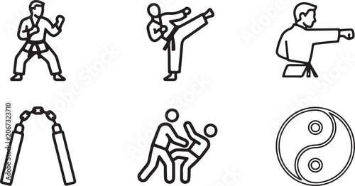 Photos Set of black line icons showing karate martial arts moves fighters kicking punch
