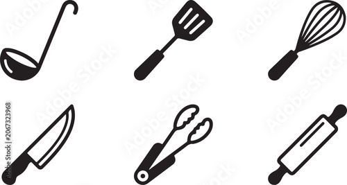 Photos Set of black kitchen utensil icons including ladle spatula whisk knife tongs and