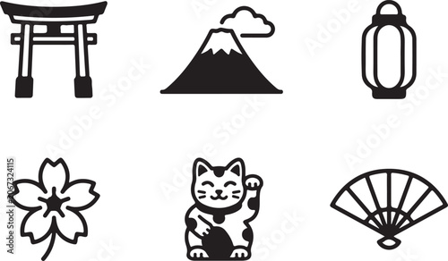 Obraz na płótnie Set of black and white japan icons with torii gate mount fuji cherry blossom and
