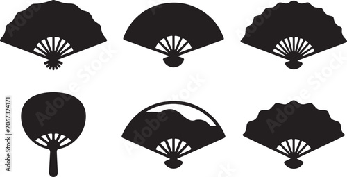 Fotografie Set of black hand held folding fans and paddle fans silhouettes for traditional