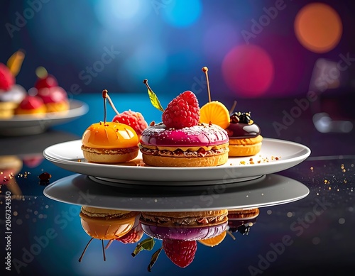 A plate of assorted colorful desserts with fruits on a reflective surface