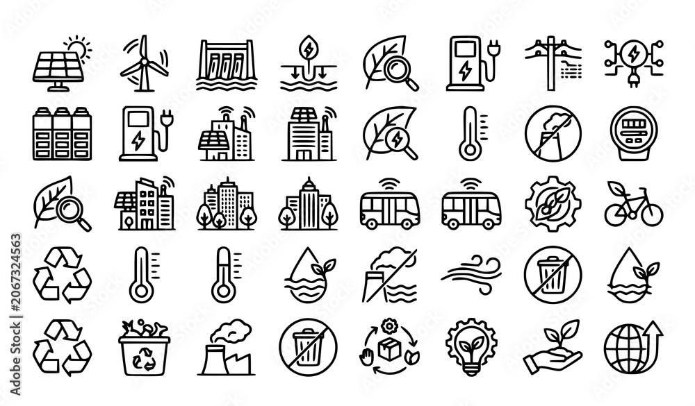 Naklejka premium Sustainable energy and environmental conservation line icons collection
