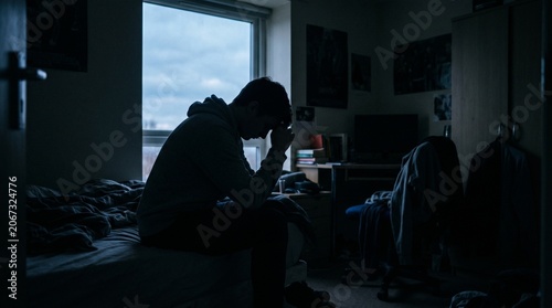 Realistic photo of silhouette of sad man sitting on chair looking down made by AI generative