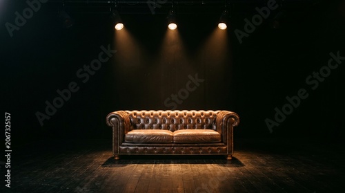 Spotlight on Empty Couch on Stage, Talk Show Concept made by AI generative