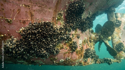 Realistic underwater photo of old ship structure with sea life growing on it made by AI generative
