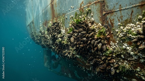 Realistic underwater photo of old ship structure with sea life growing on it made by AI generative