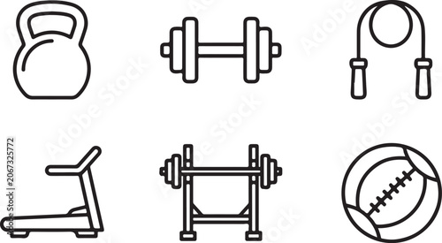 Fotografie Set of black and white fitness equipment line icons featuring kettlebell dumbbel