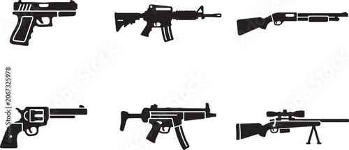 Schilderij op canvas Set of black icons representing various types of firearms including handguns rif