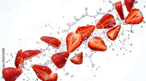 Ripe red strawberry slices flying in mid air with dynamic water splash on white background