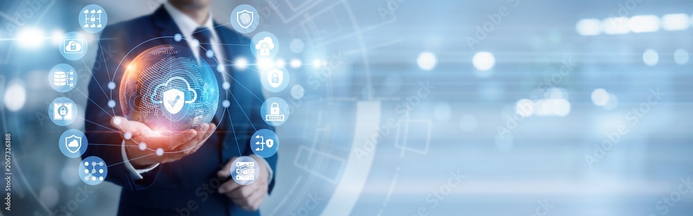 Obraz premium IT professional hand-holds resilient global CLOUD SECURITY defense network, safeguarding hosted data and servers. Advanced encryption protects sensitive assets against cyber threats daily.