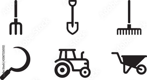 Foto Set of black farming icons including shovel rake tractor wheelbarrow pitchfork a