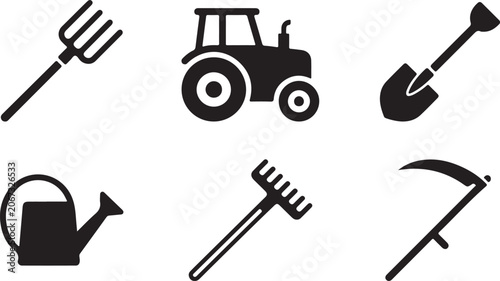 Schilderij op canvas Set of black farming icons featuring a tractor shovel rake pitchfork watering ca