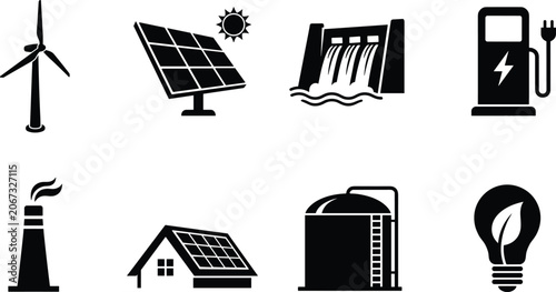 Quadro su tela Renewable energy and sustainable power black icons set featuring wind turbine so