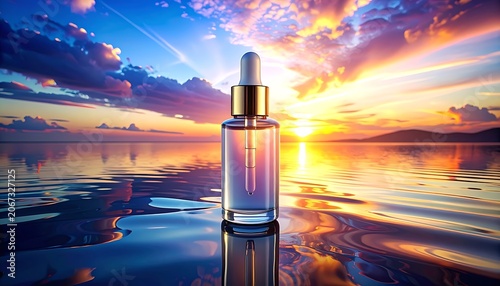 A serene sunset scene with a dropper bottle on water (12)