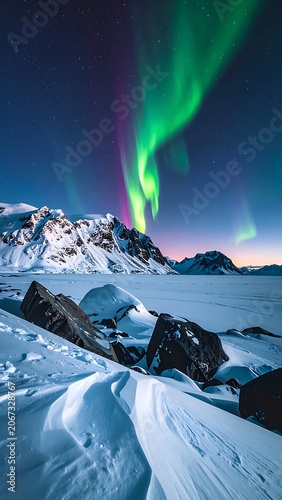A snowy landscape with vibrant green aurora borealis (1)