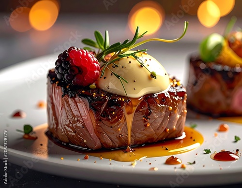 A succulent grilled steak with a berry and herbs on top