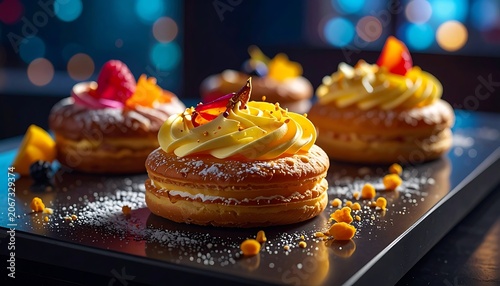 A tray of donuts with yellow frosting and fruit toppings