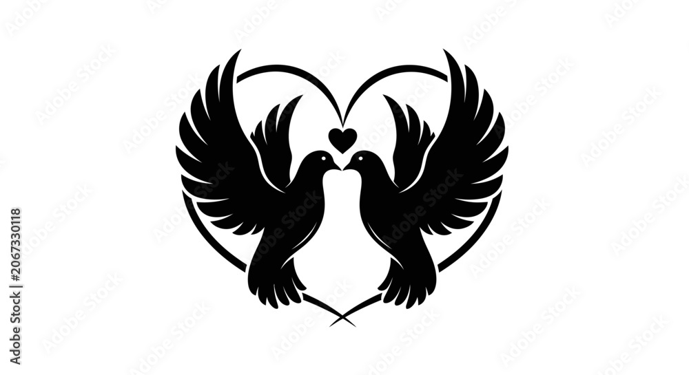 Fototapeta premium Two black doves forming heart shape with wings