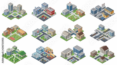 Isometric futuristic city buildings and structures collection, digital art.