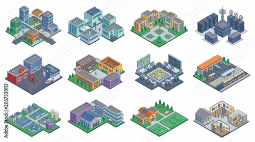 Isometric futuristic city buildings and structures collection, digital art.