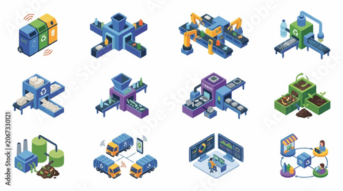 Isometric futuristic city buildings and structures collection, digital art.