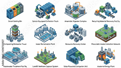 Isometric futuristic city buildings and structures collection, digital art.