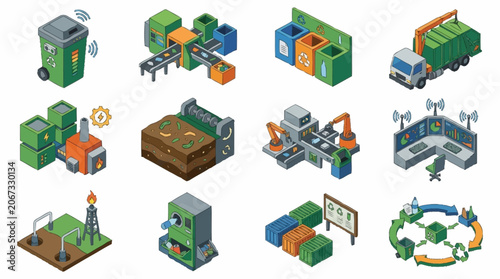Isometric futuristic city buildings and structures collection, digital art.