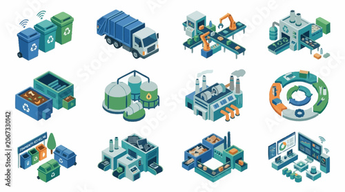 Isometric futuristic city buildings and structures collection, digital art.