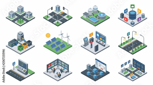 Isometric futuristic city buildings and structures collection, digital art.