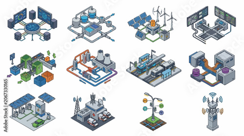 Isometric futuristic city buildings and structures collection, digital art.