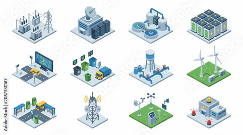 Isometric futuristic city buildings and structures collection, digital art.