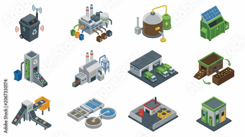 Isometric futuristic city buildings and structures collection, digital art.