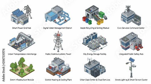 Isometric futuristic city buildings and structures collection, digital art.