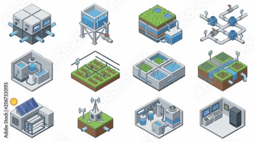 Isometric futuristic city buildings and structures collection, digital art.