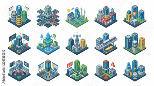 Isometric futuristic city buildings and structures collection, digital art.