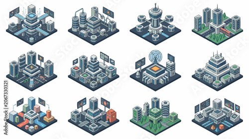 Isometric futuristic city buildings and structures collection, digital art.