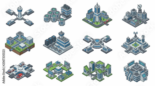 Isometric futuristic city buildings and structures collection, digital art.