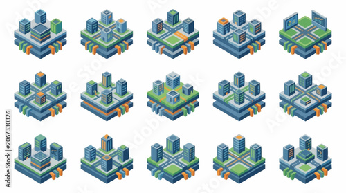Isometric futuristic city buildings and structures collection, digital art.