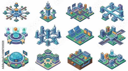 Isometric futuristic city buildings and structures collection, digital art.