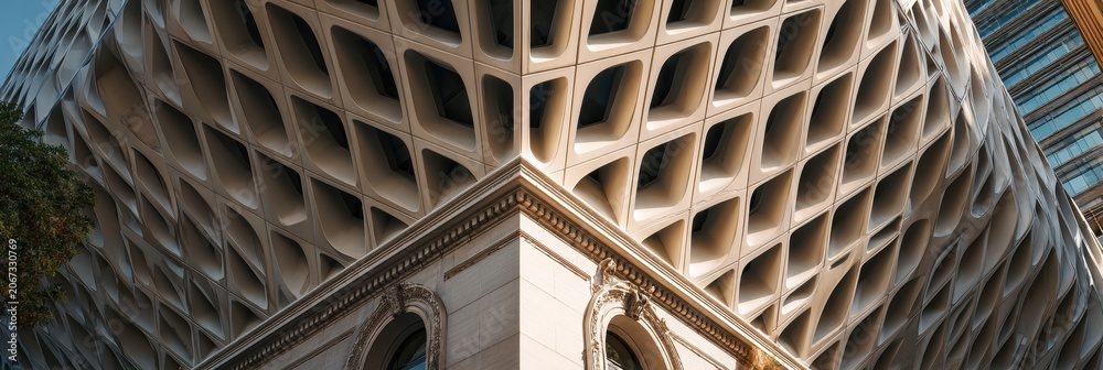 Obraz premium Modern architectural landmark with ornate historic building facade detail, urban contrast.