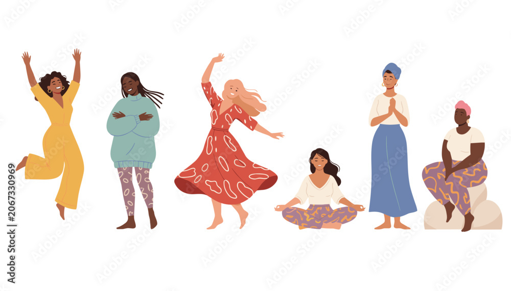 Obraz premium Group of six diverse women celebrating body positivity in various active and peaceful poses on a white background.