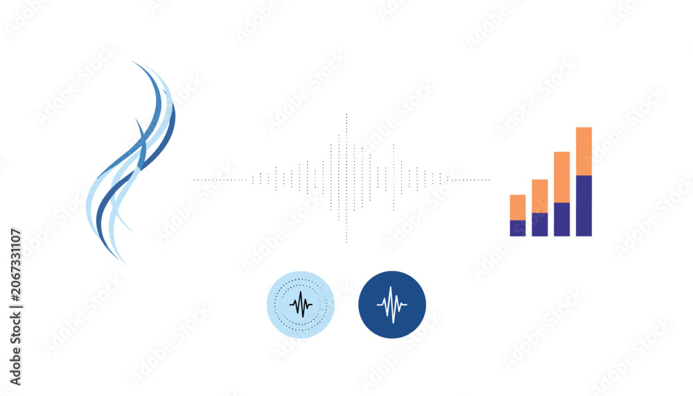Obraz premium Set of visual audio sound wave components including bar graphs and waves on a clean white background.
