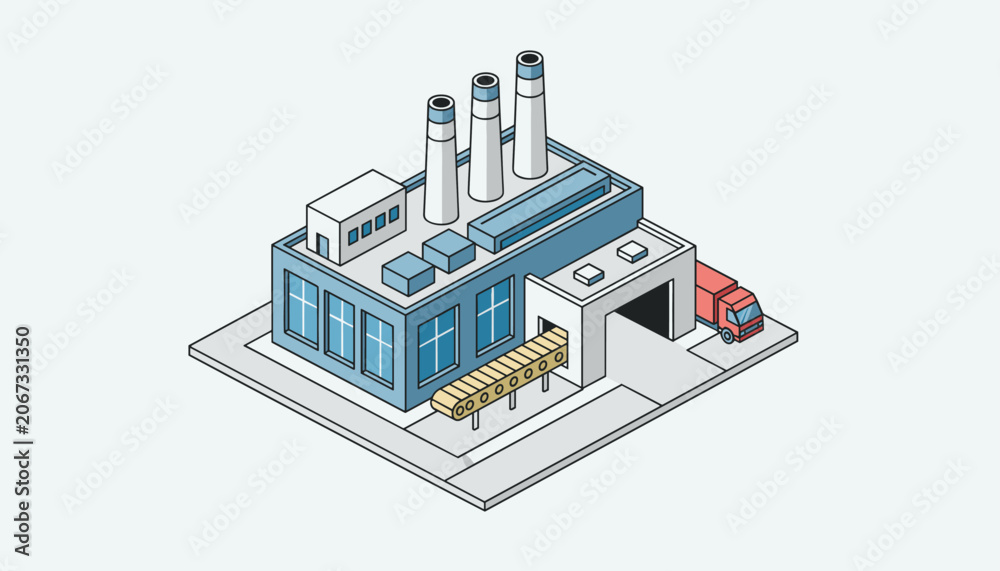 Fototapeta premium Isometric design of an industrial manufacturing factory building with smoking chimneys and a cargo delivery truck.