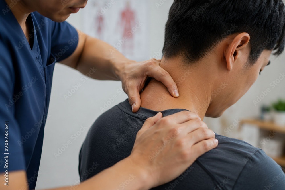 Fototapeta premium Physical Therapist Performing Neck and Shoulder Treatment on Patient Close Up