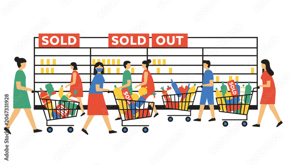 Fototapeta premium Busy supermarket scene with shoppers pushing carts through aisles past empty shelves marked with sold out signs.