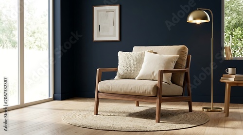 Modern mid-century armchair in elegant living room, beige fabric lounge chair with wooden frame, cozy interior with navy blue wall and gold floor lamp