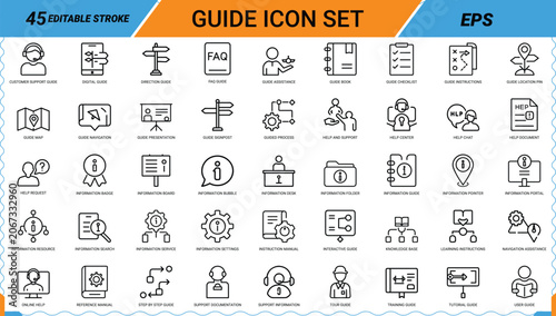 Guide icon set featuring customer support instruction manual and help navigation.