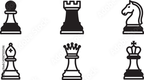 Schilderij op canvas Set of six black chess pieces including pawn rook knight bishop queen and king f