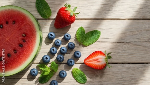 Fresh Summer Fruits Flat Lay Watermelon, Strawberries, Blueberries and Mint on Wooden Surface