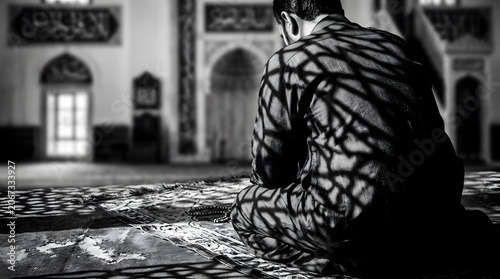 Rear view of man kneeling in prayer on rug inside mosque with patterned window shadow